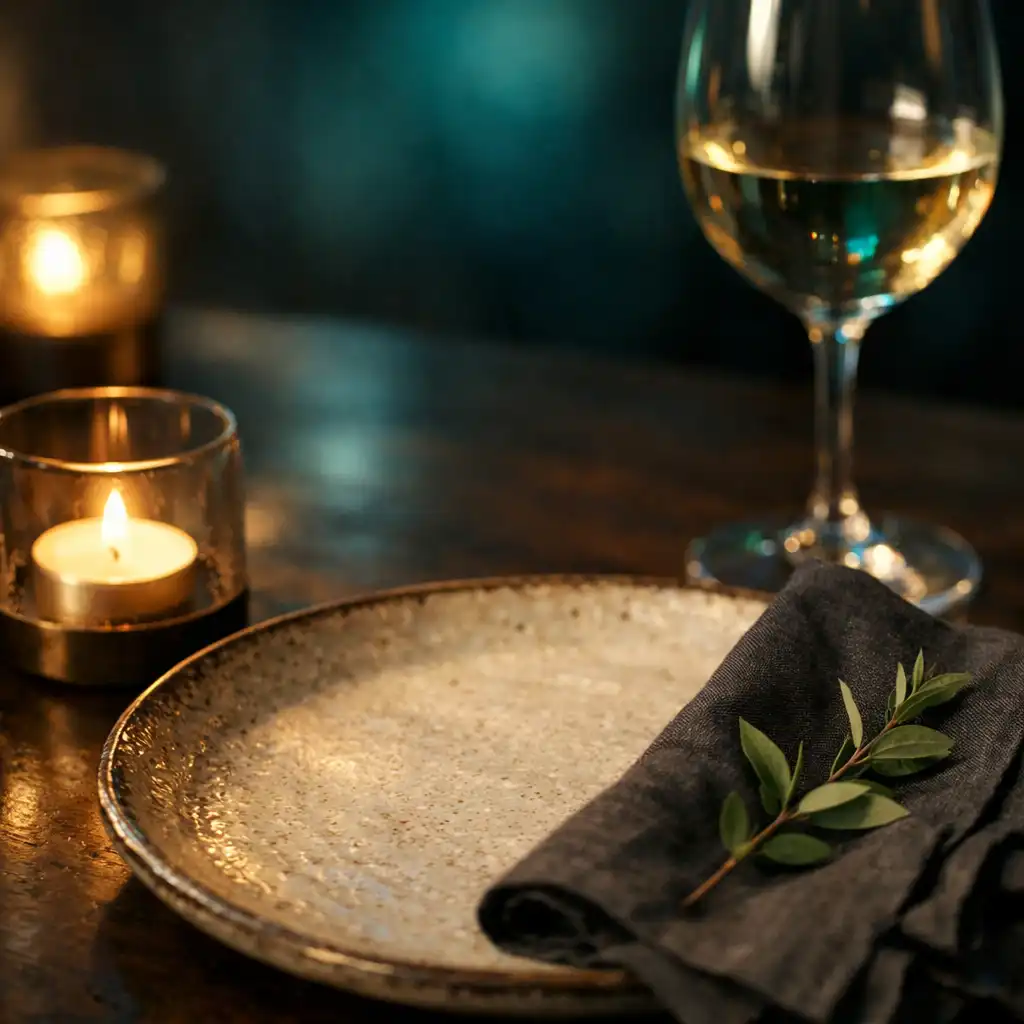 Détails d'une table gastronomique éclairée à la bougie