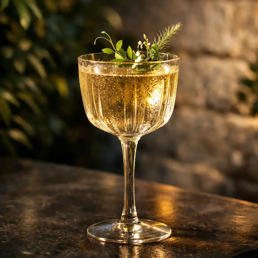 Cocktail signature dans un verre raffiné, éclairé sur une table de terrasse