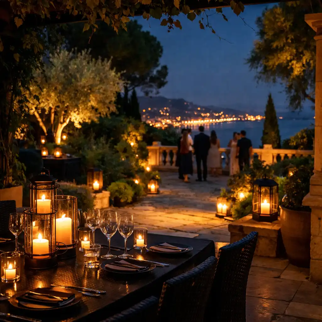 Terrasse-jardin éclairée pour une réception en soirée