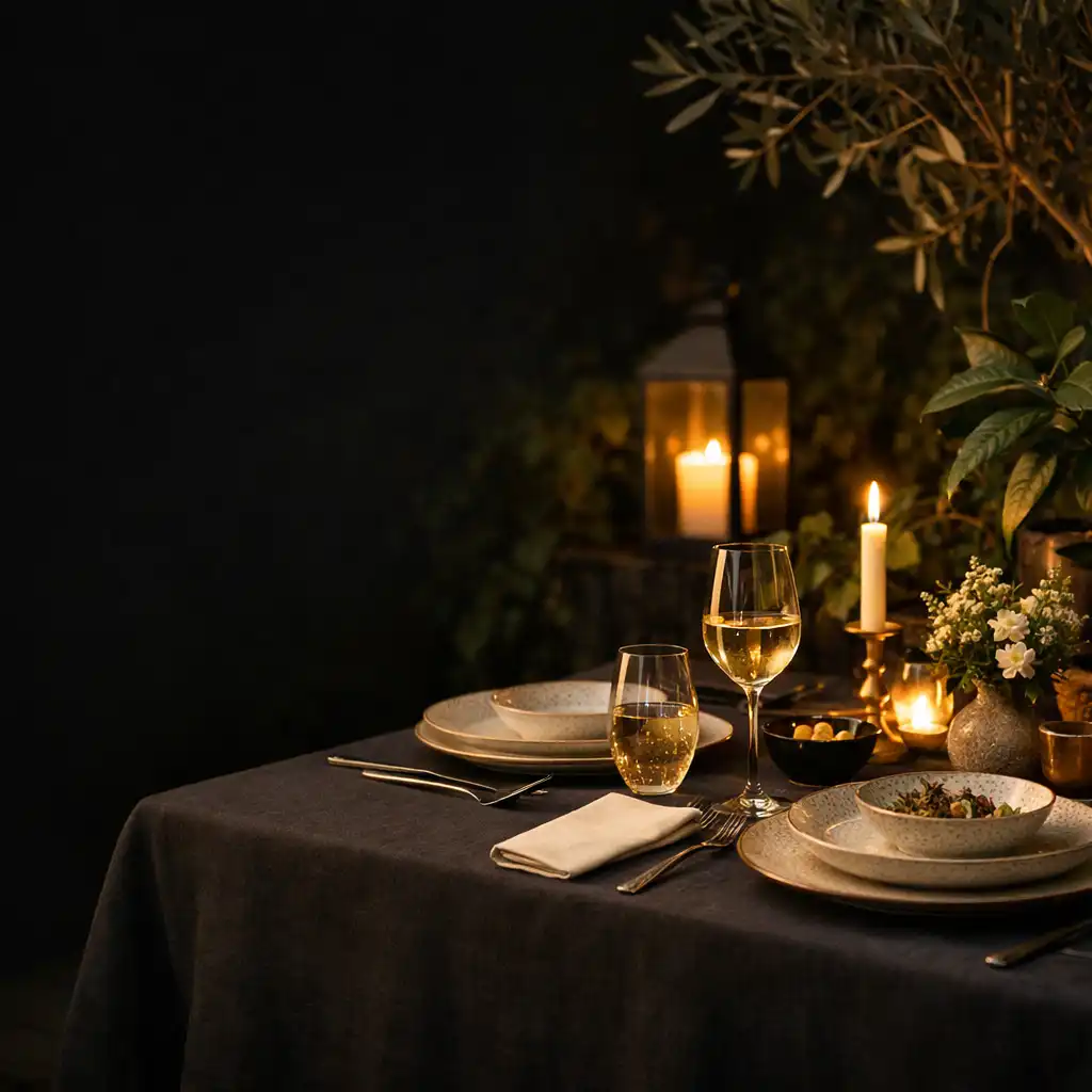 Table dressée dans une terrasse-jardin éclairée à la nuit tombée