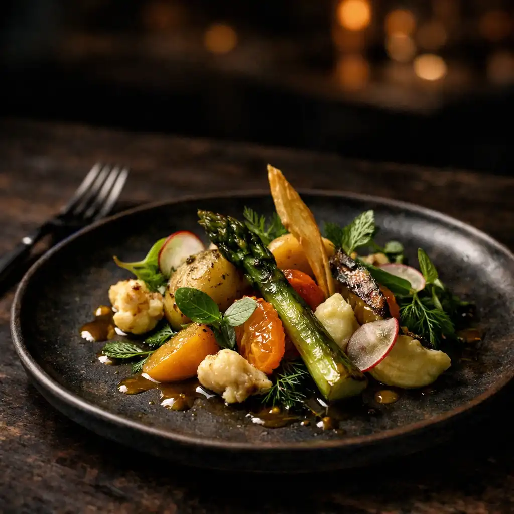 Assiette gastronomique méditerranéenne sur une table sombre