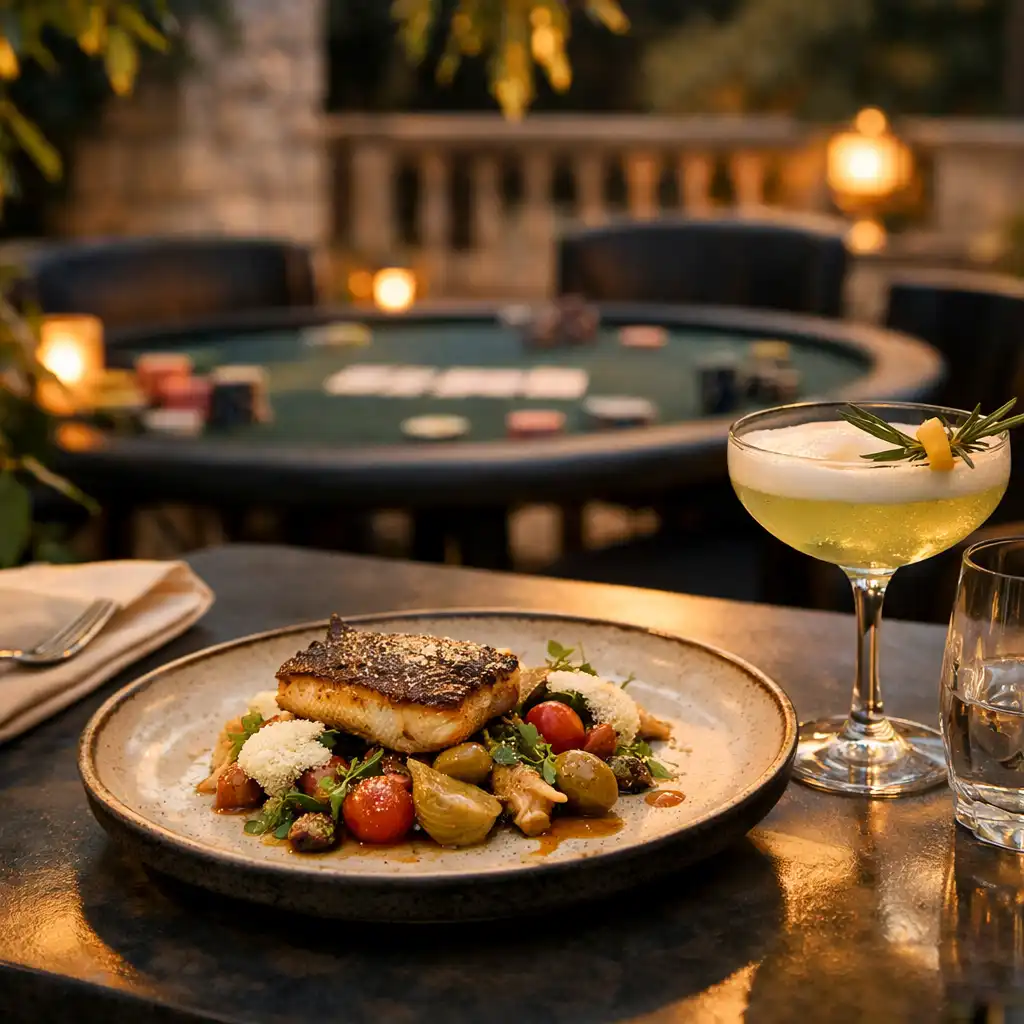 Assiette méditerranéenne et cocktail sur une terrasse-jardin au crépuscule