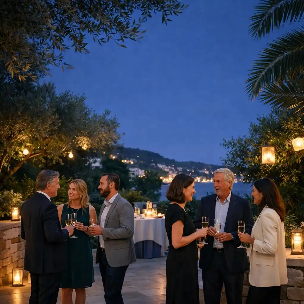 Petits groupes échangeant sur une terrasse-jardin méditerranéenne en soirée