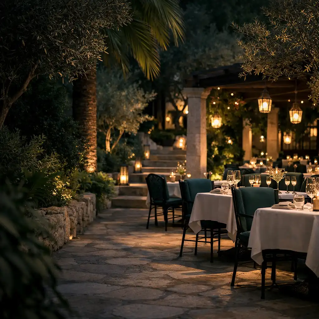 Table éclairée dans un jardin méditerranéen à la nuit tombée