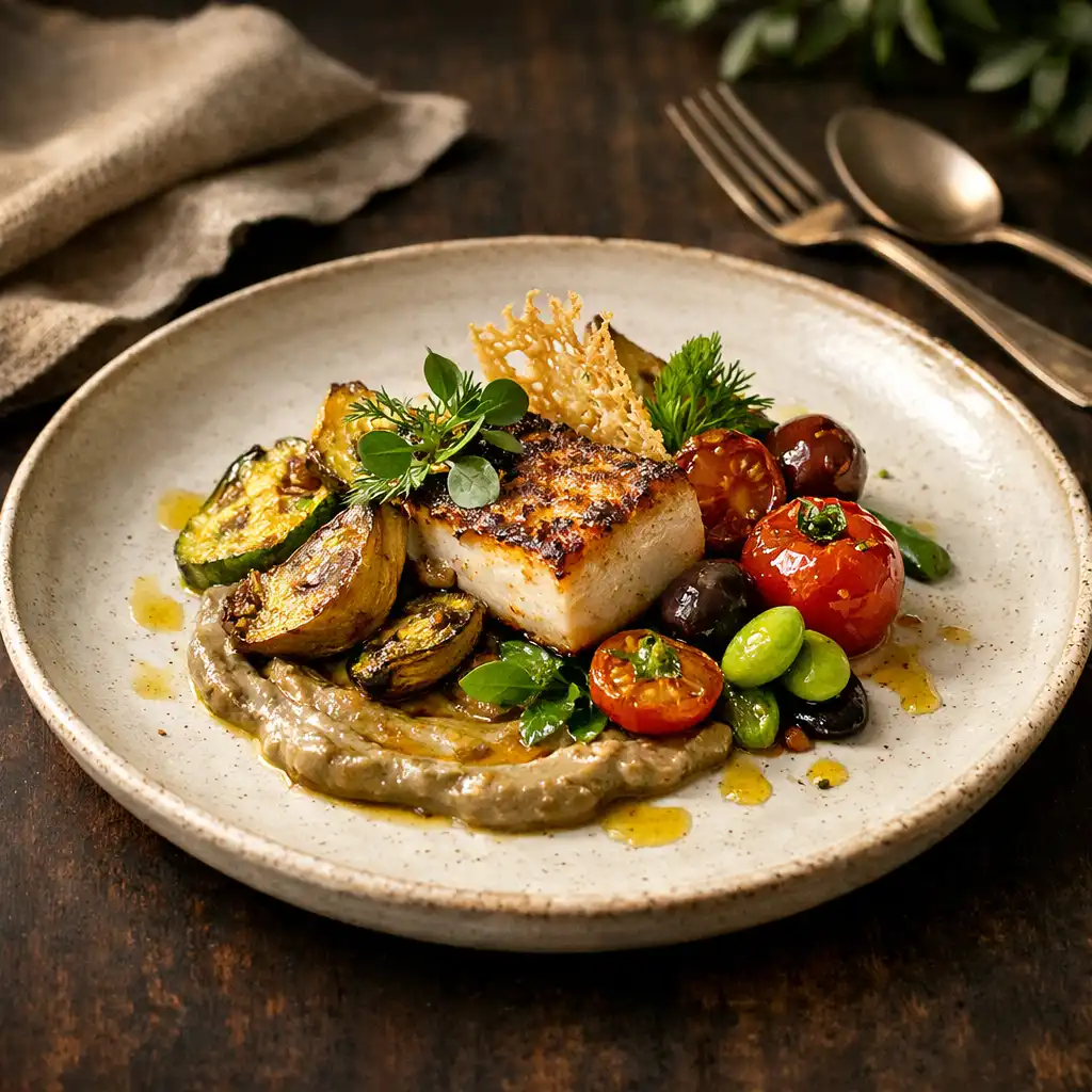 Assiette gastronomique d’inspiration méditerranéenne sur une table sombre