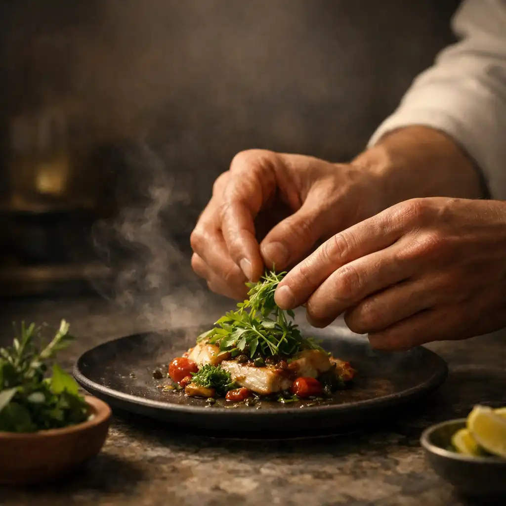 Mains dressant avec précision une assiette en céramique dans une cuisine méditerranéenne