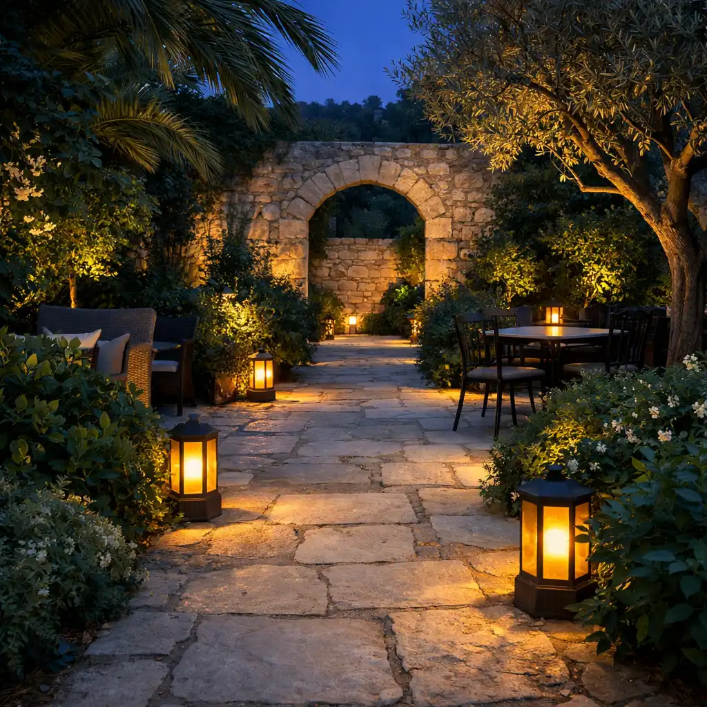 Chemin de jardin méditerranéen éclairé en soirée