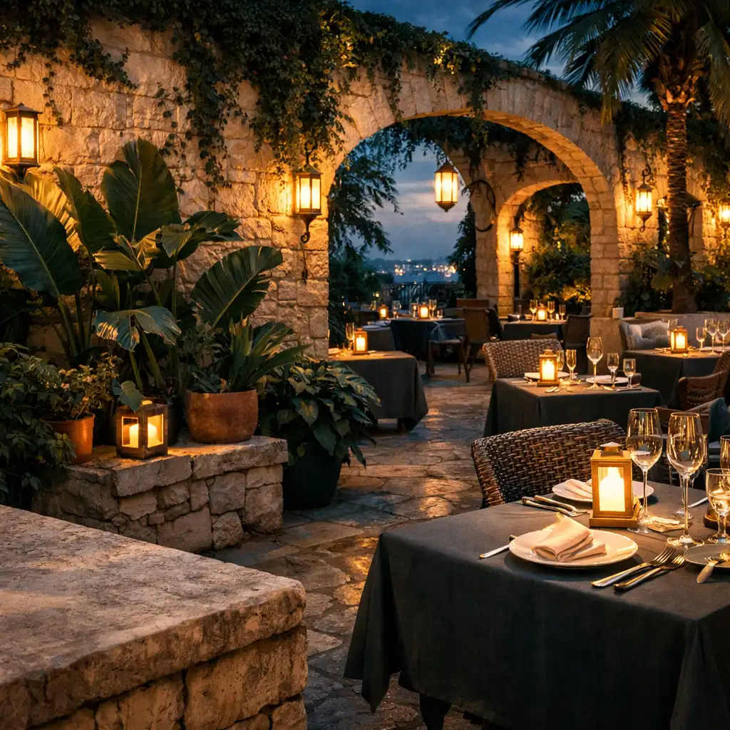 Terrasse-jardin méditerranéenne de Jardin Velours à Nice au crépuscule