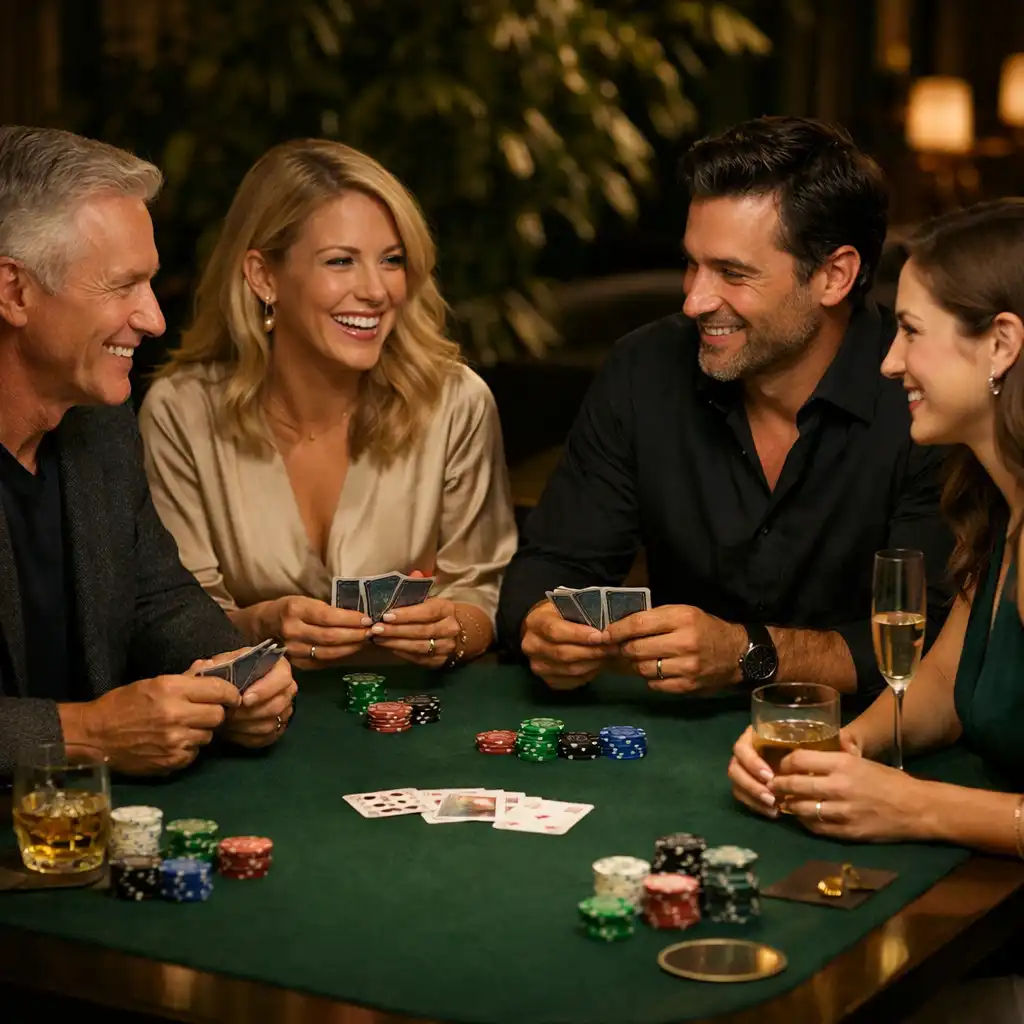 Adultes réunis autour d’une table de poker réelle dans une ambiance élégante et conviviale