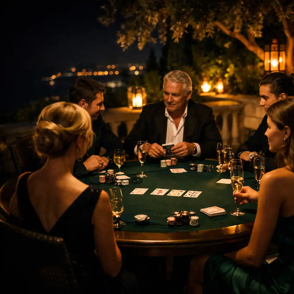 Table de poker sur une terrasse-jardin nocturne à Nice