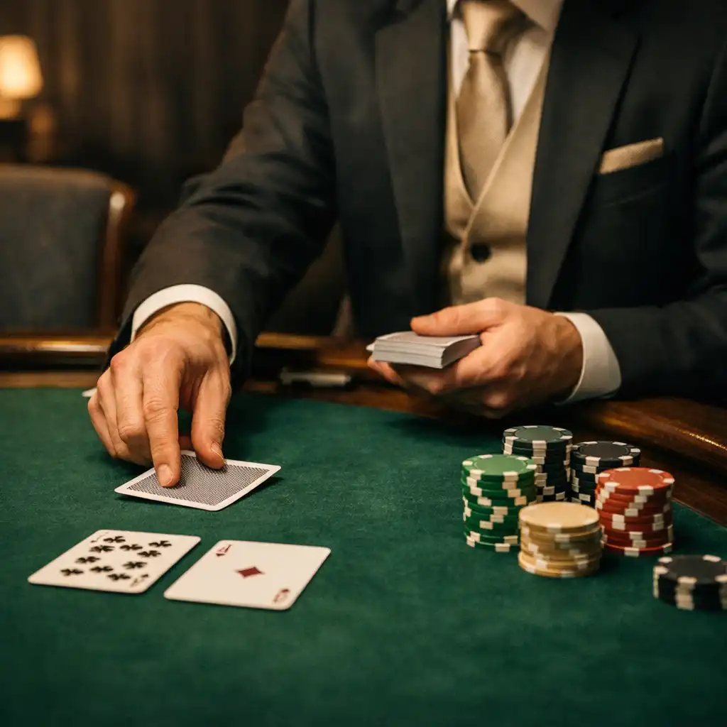 Croupier professionnel animant une table de poker en feutre vert
