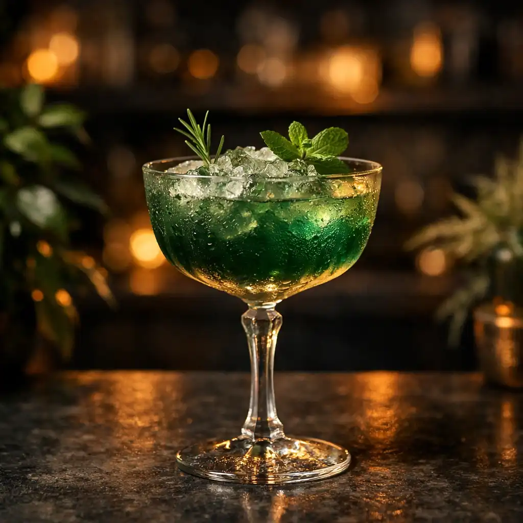 Cocktail signature sur un comptoir sombre, entouré de reflets chauds et de feuillage flou