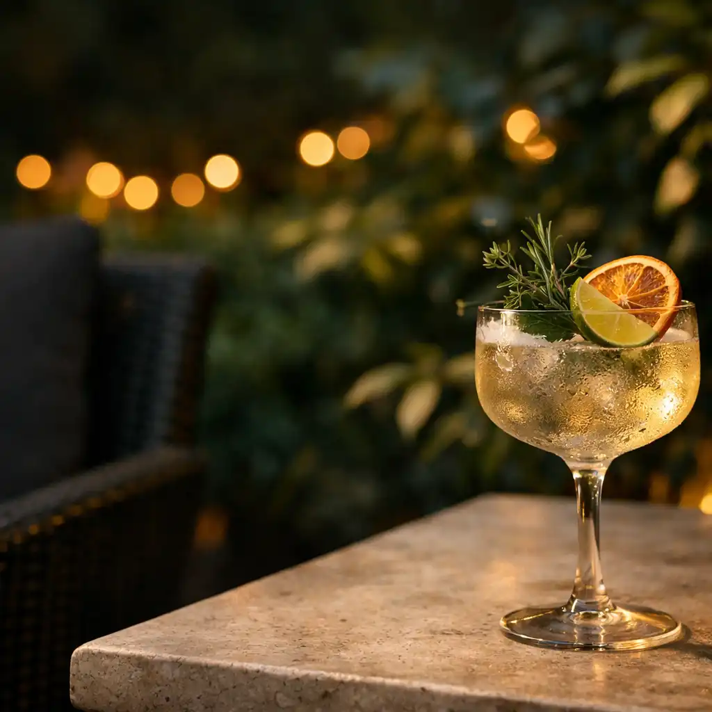 Cocktail servi sur une table de terrasse-jardin en soirée
