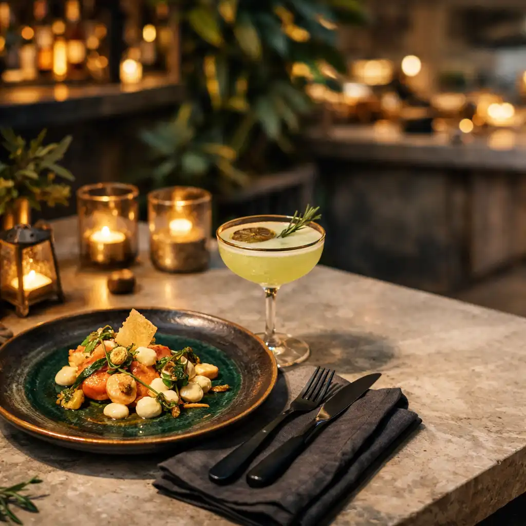 Assiette raffinée et cocktail élégant dressés sur une table de terrasse le soir